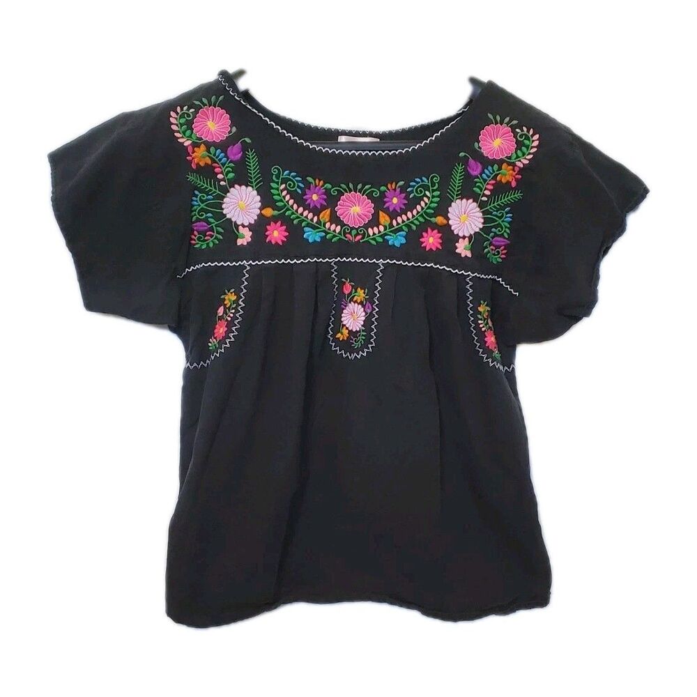 Unik Med Puebla Mexican Embroidered Top Black Floral Boho Peasant Flowy Blouse
